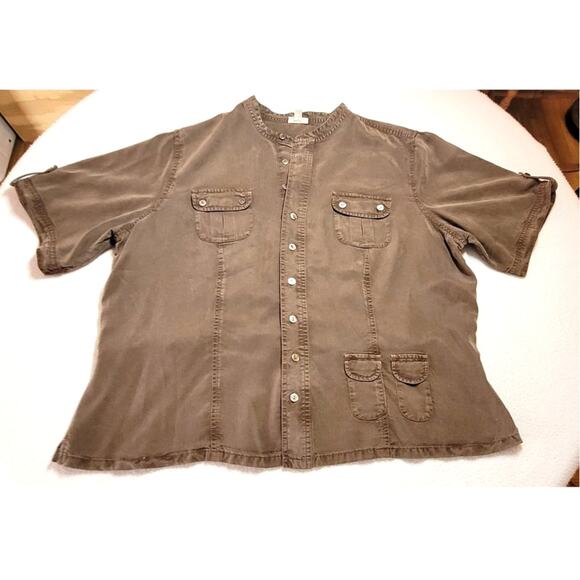 J Jill Short Sleeve Button Front Shirt 2X Tencel Brown Pockets Lagenlook Safari - Picture 1 of 9